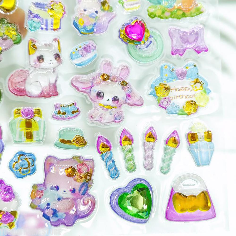 4 Pcs 3D Gorgeous Cute Cat Translucent Gemstone Stickers for Scrapbooking Kawaii Stickers Craft Supplies