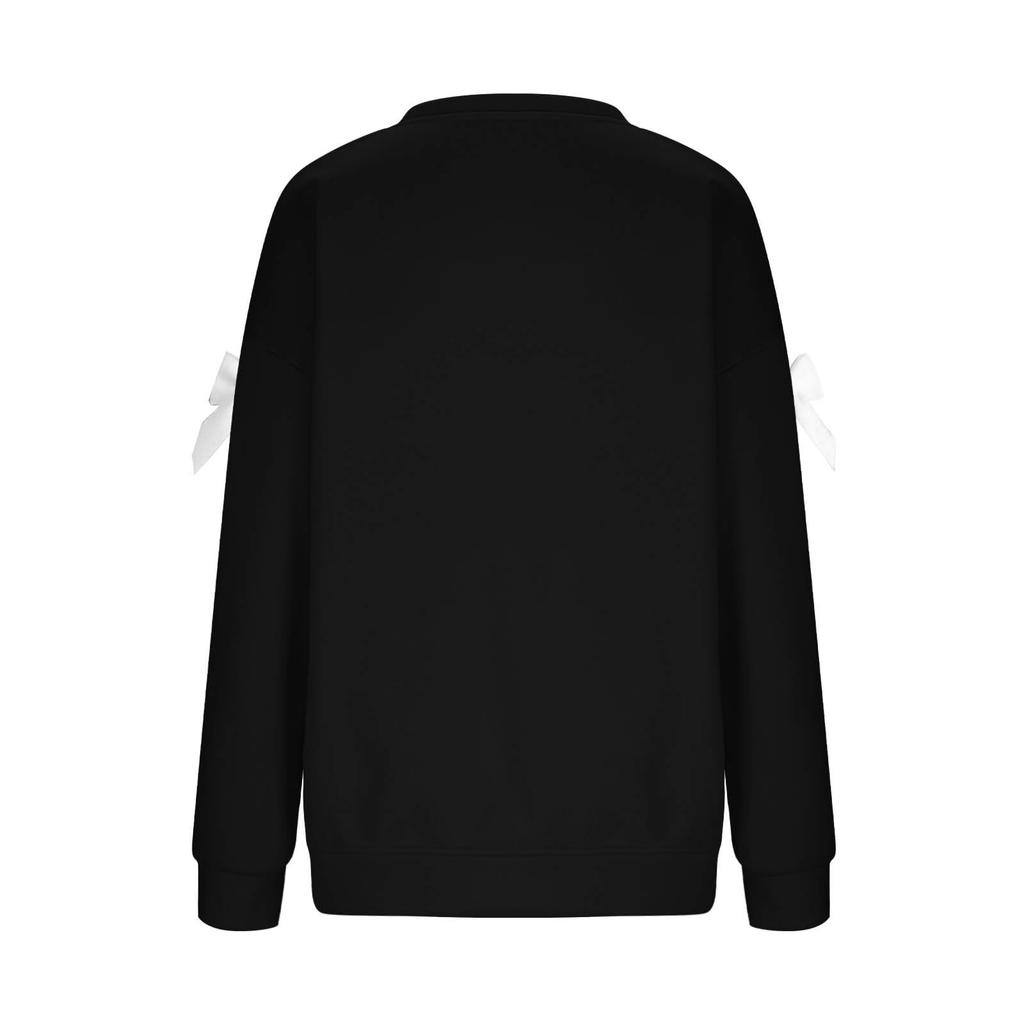 Ladies' Christmas Printed Bow Round Neck Long Sleeved Loose Pullover Sweater Sweatshirt Top