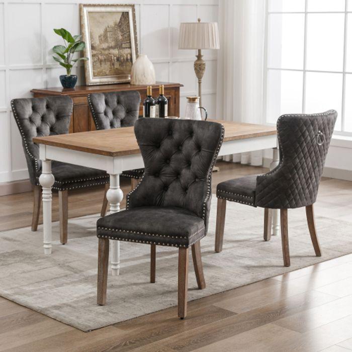 Chaises de salle à manger - MUVOE - Lot de 4 - Velours gris - Pieds en bois massif - Réglables en hauteur