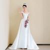 One-word Shoulder Light Wedding Morning Gown Bride Satin Small Trailing Flower Engagement Dress Light Luxury Elegant White Dress
