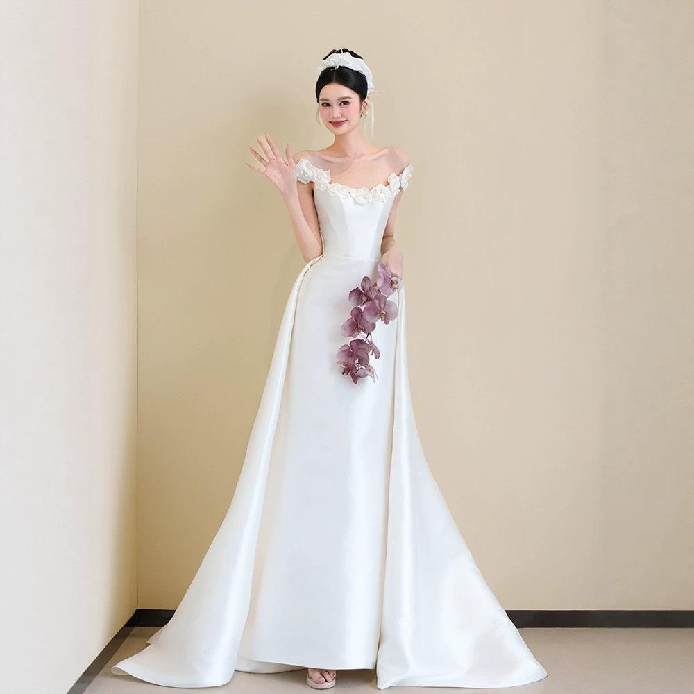 One-word Shoulder Light Wedding Morning Gown Bride Satin Small Trailing Flower Engagement Dress Light Luxury Elegant White Dress
