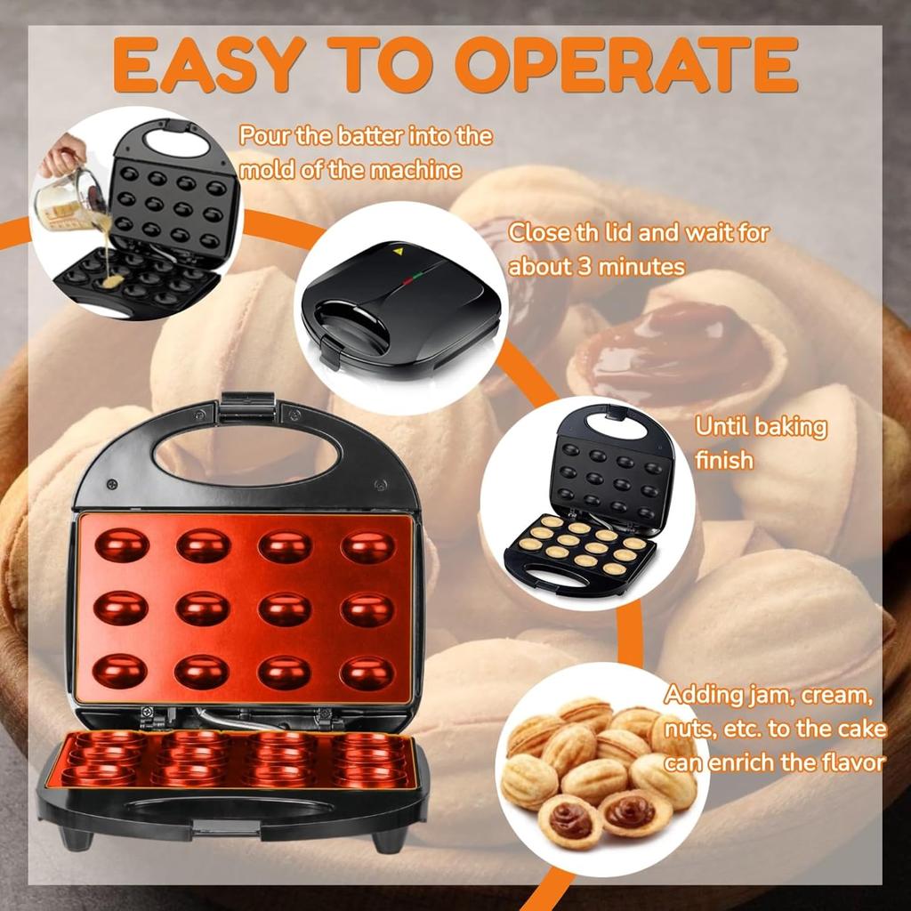 Walnut Cookie Maker 12 Holes, Electric Walnut Cake Mold Maker, Non Stick Oreshki Cookies Maker, Double-side Heating Mini Nut Cookies Maker Machine