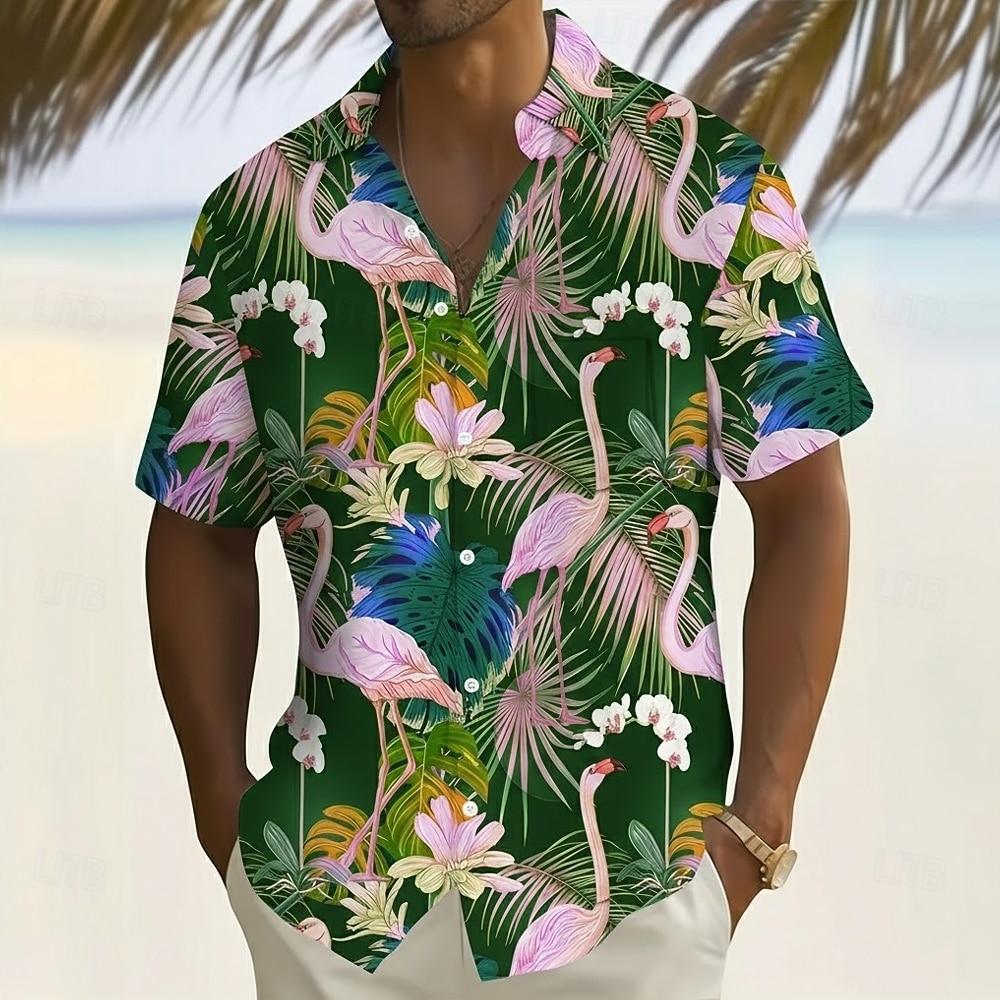 Camicia Hawaiiana da Uomo con Fiori Tropicali, Foglie di Palma, Estate, Bottoni, Aloha, Manica Corta
