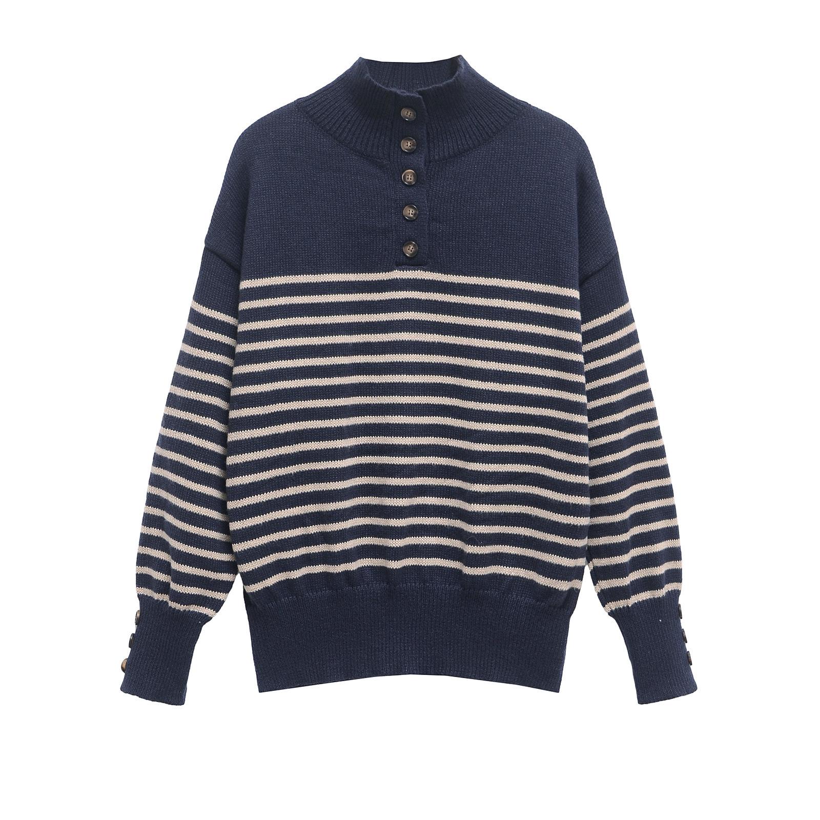 

Женский полосатый вязаный свитер в европейском и американском стиле 2024 года: Воротник-стойка, Длинный рукав, Круглый вырез L