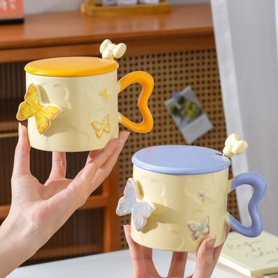 Embossed Butterfly High Looking Office Souvenir Ceramic Cup with Lid Mug  Couple Water Cup