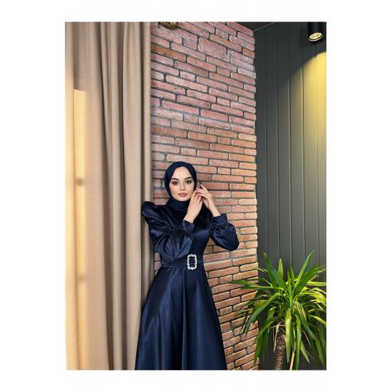 Women's Satin Hijab Evening Dress with Stone Buckle Waist and Flared Skirt