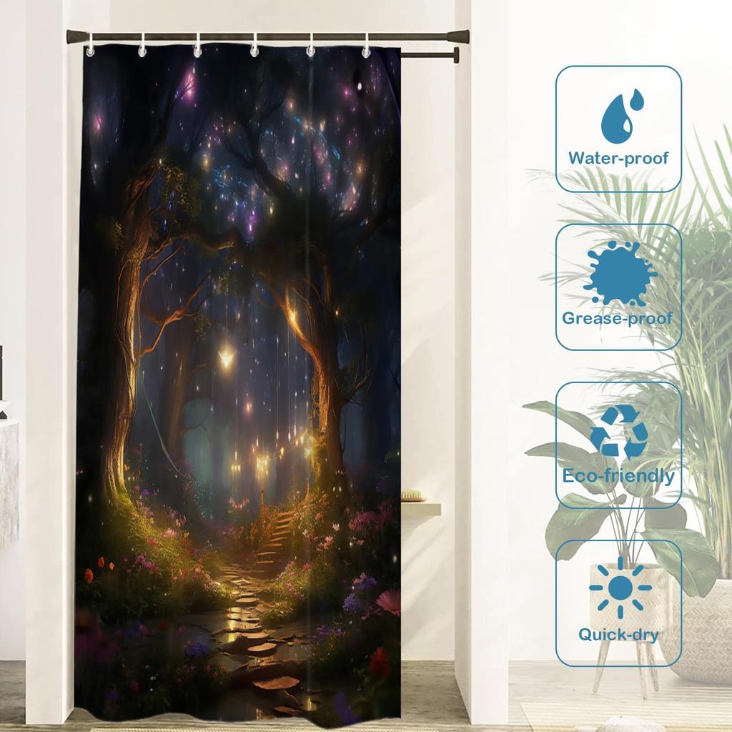 Fantasy Forest Night Scene Waterproof Fabric Shower Curtain With Hooks Starry Sky Glowing Path Floral Scenery Bathroom Decor