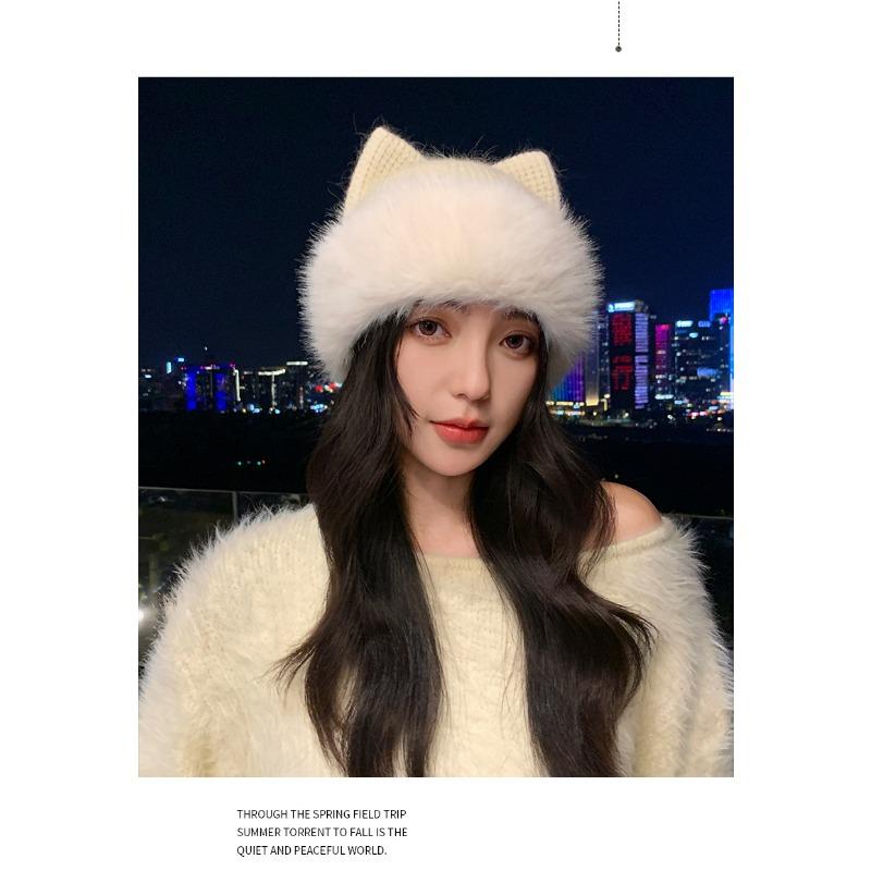 Korean Style Cute Cat Ears Plush Knit Hat Autumn Winter Warm Casual Beanie