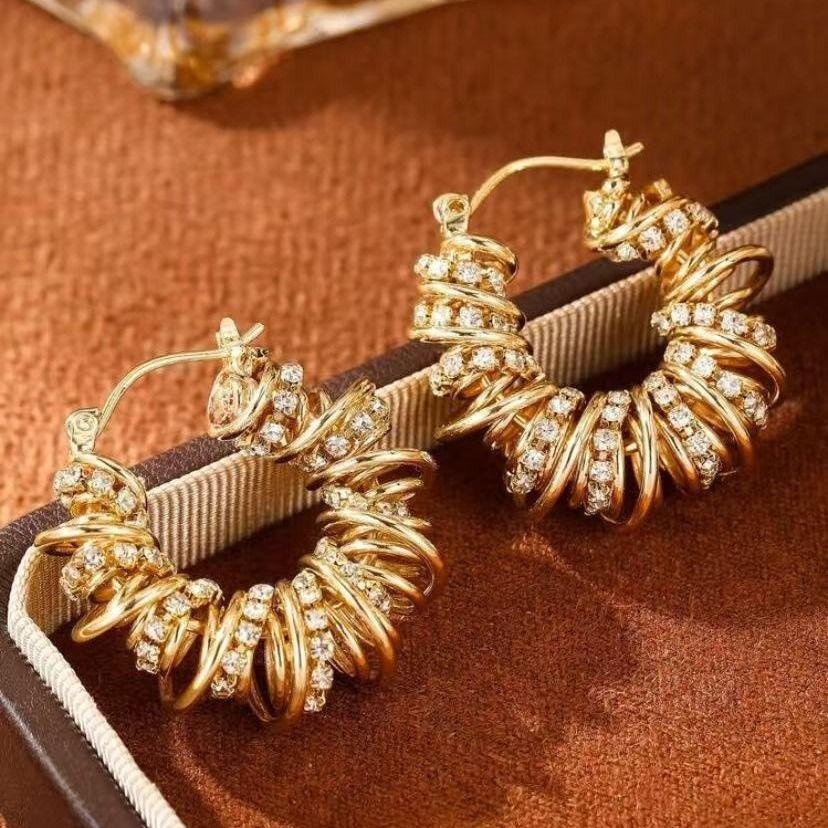 European and American Diamond Studded Spiral Wound Earrings with Spring Loops, Trendy Ear Buckles, Light Luxury and Cool Style E