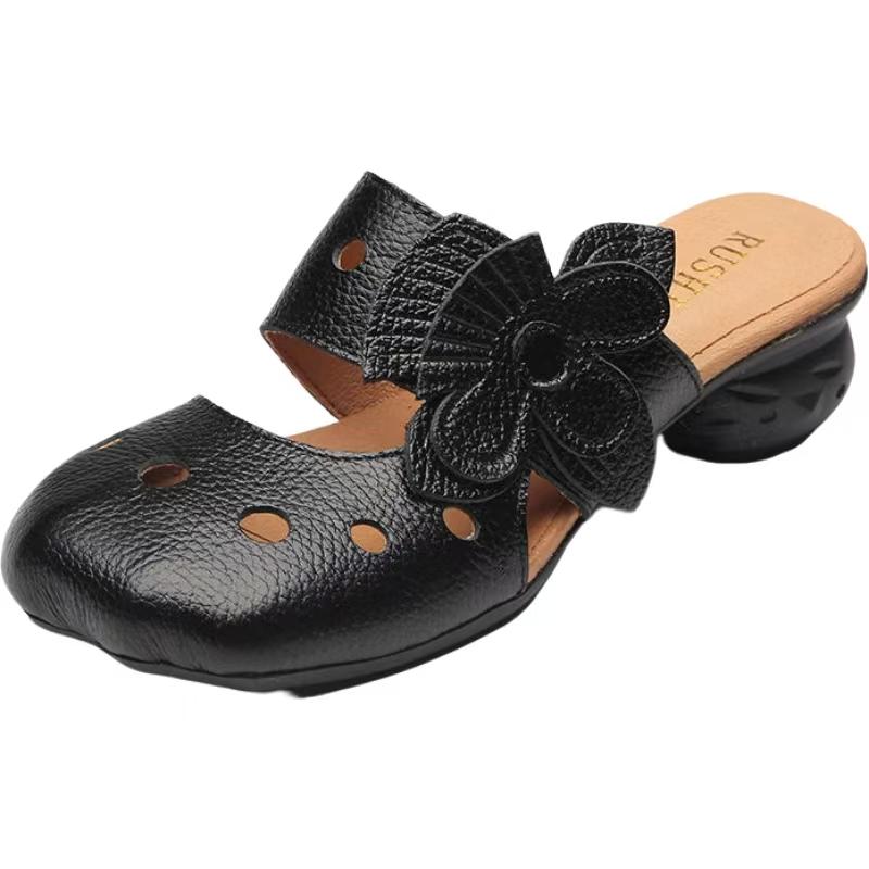 Women's Summer Leather Hollow Out Baotou Slippers Soft Sole Block Heel Ethnic Style Three-Dimensional Flower Outdoor Slippers