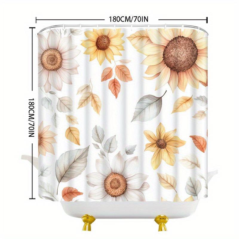 1Pc Autumn Sunflower And Leaves Shower Curtain - Polyester Fabric, Machine Washable, Suitable For Bathroom Decoration