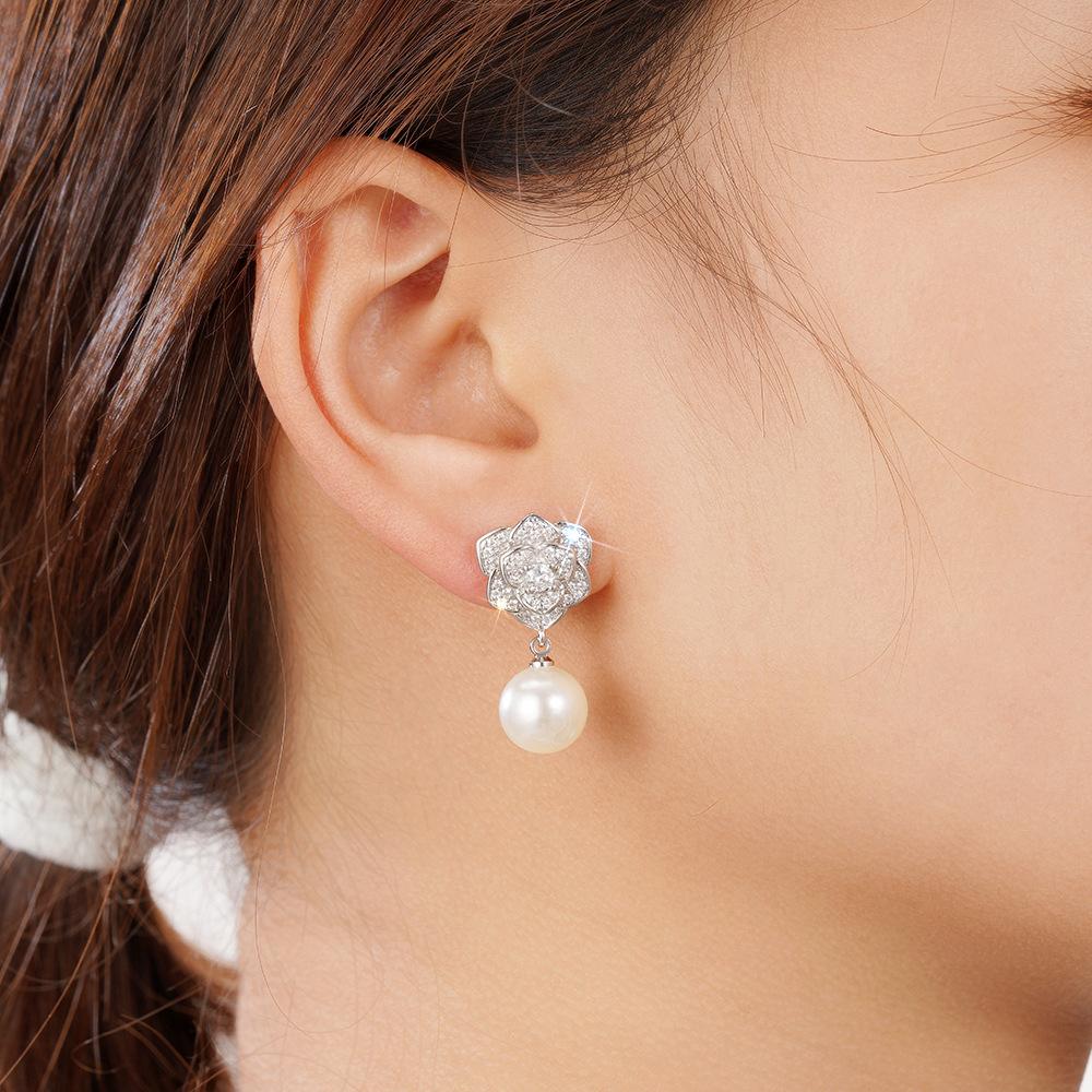 Full Pave CZ Camellia Flower Pearl Dangle Earrings Silver Tone Round Gloss Imitation Pearl Wedding Bridal Jewelry Gift