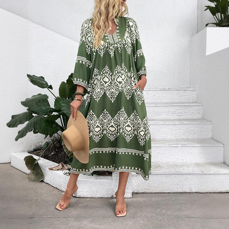 2026 new European and American leisure vacation personalized ethnic style geometric printing loose dress S зелёный