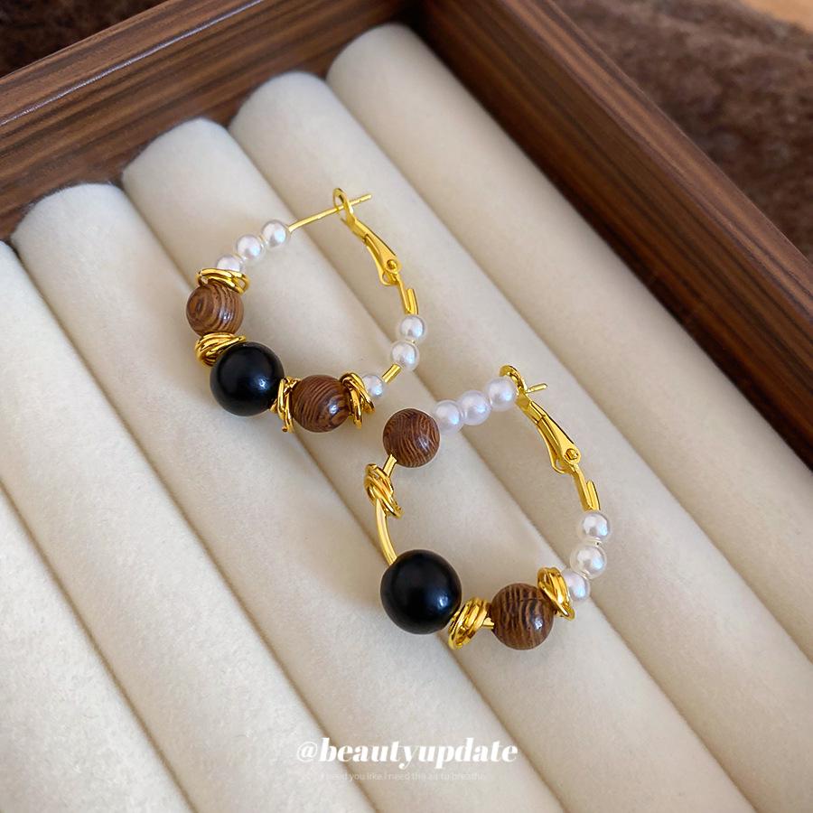 Silver Needle Faux Pearl & Wood Beaded Ear Hoops - Autumn/Winter High-End Niche Earrings for Women