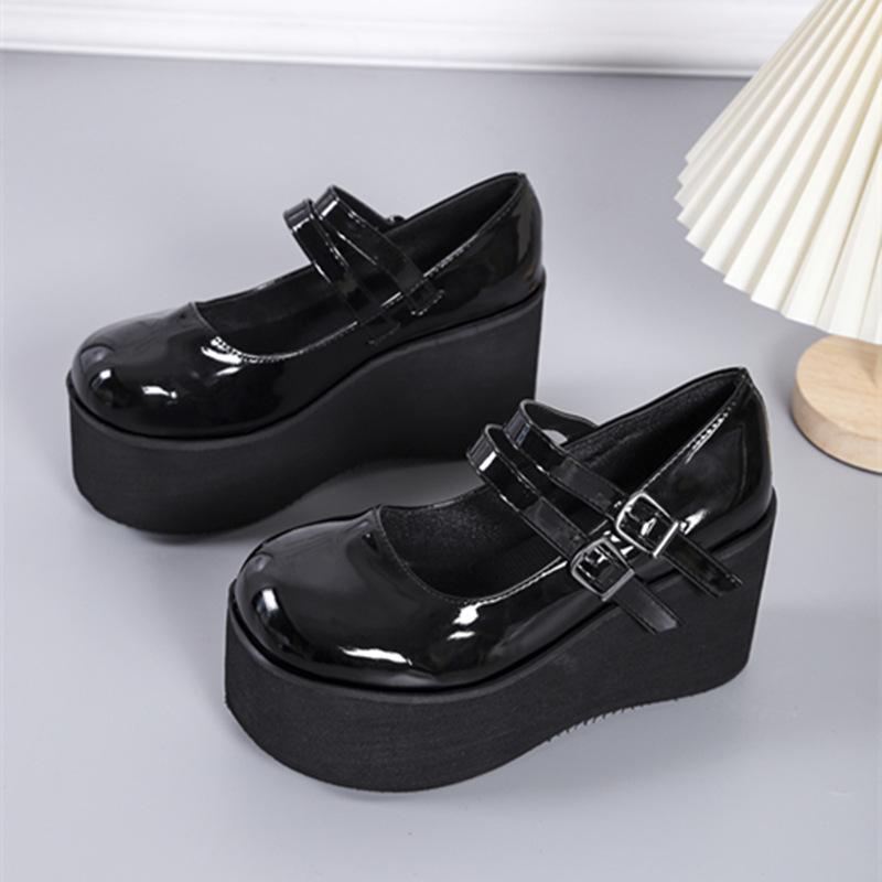 Summer 2022 Retro Patent Leather Mary Jane Shoes - Round Toe, Size 43, Platform Wedge Heel, Shallow Mouth