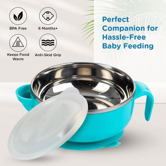 Mee Mee Baby Steel Feeding Bowl with Sunction Base | BPA Free | Food Remains Warm | Multi-Functional Snack/Fruit | Easy Grip Handle (Blue)