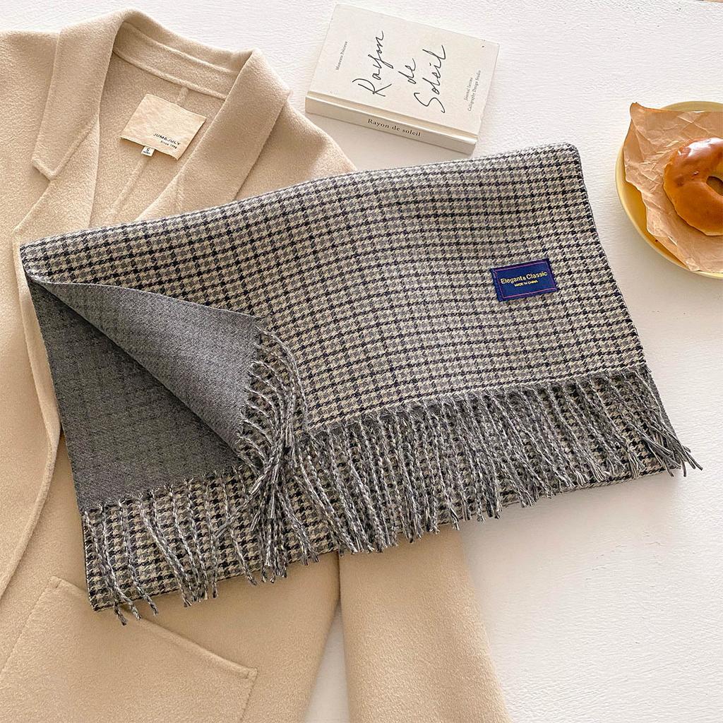 New Retro Small Plaid Fringed Scarf Women's Autumn Thousand Bird Grid Fashionable Versatile Thickened Warm Scarf