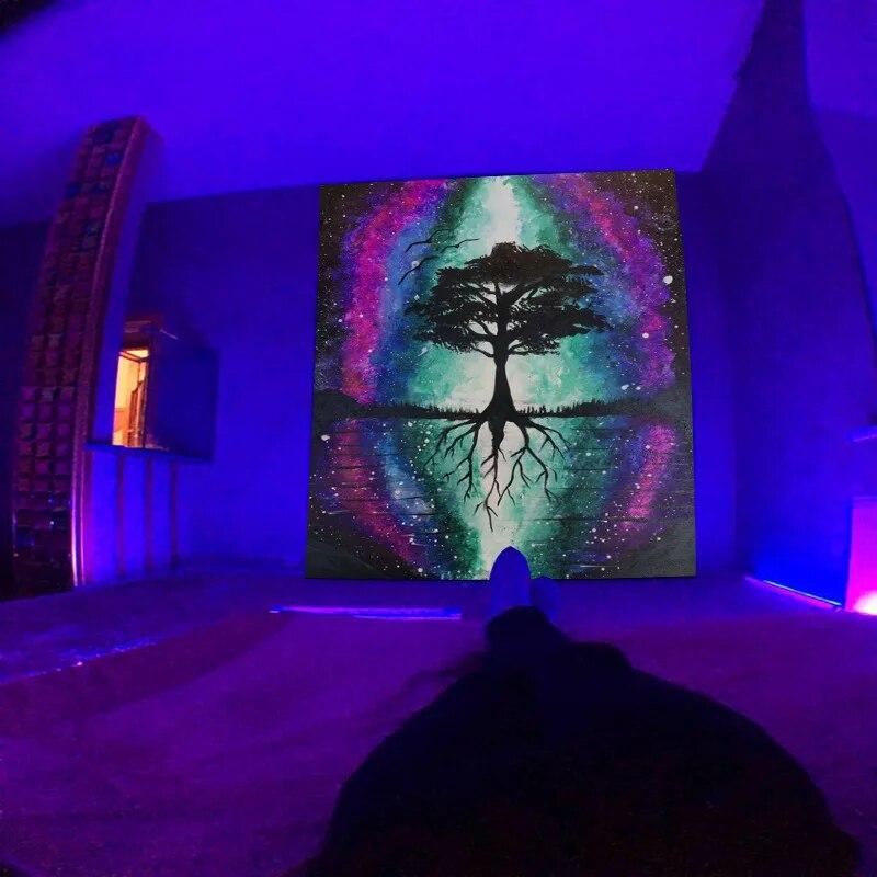 Mysterious Universe Starry Space Psychedelic Fluorescent Tapestry Wall Hanging  Trees and Stars Bedroom