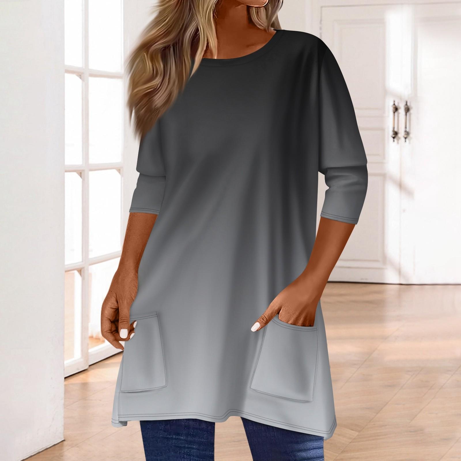 

3/4 рукава кармана топы для женщин футболка повседневный принт средней длины топы футболка круглый вырез пуловер блузка XXXL