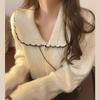 Autumn and winter solid color loose lazy wind knitted cardigan top women's sweet doll collar sweater jacket splicing