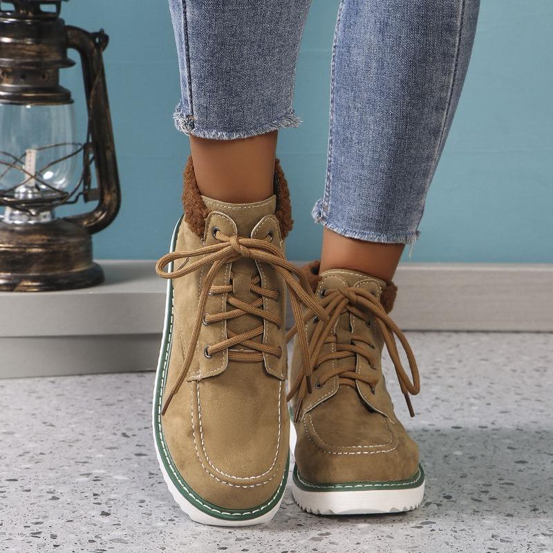 Foreign trade large size women's boots 2025 winter new thick-soled cotton boots women's solid color foot cover warm lace-up hair mouth short boots