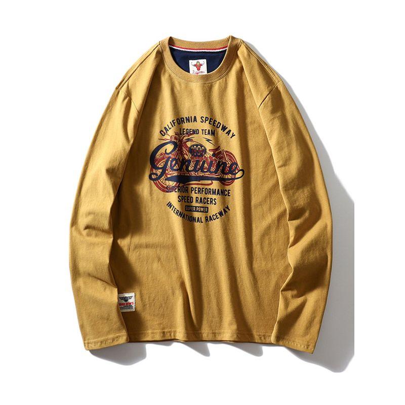 American Retro Printed Pure Cotton Long-Sleeved T-Shirt for Men 2024 New Style Base Shirt Export Men s Clothing All-Cotton T-Shirt Mustard Yellow XL