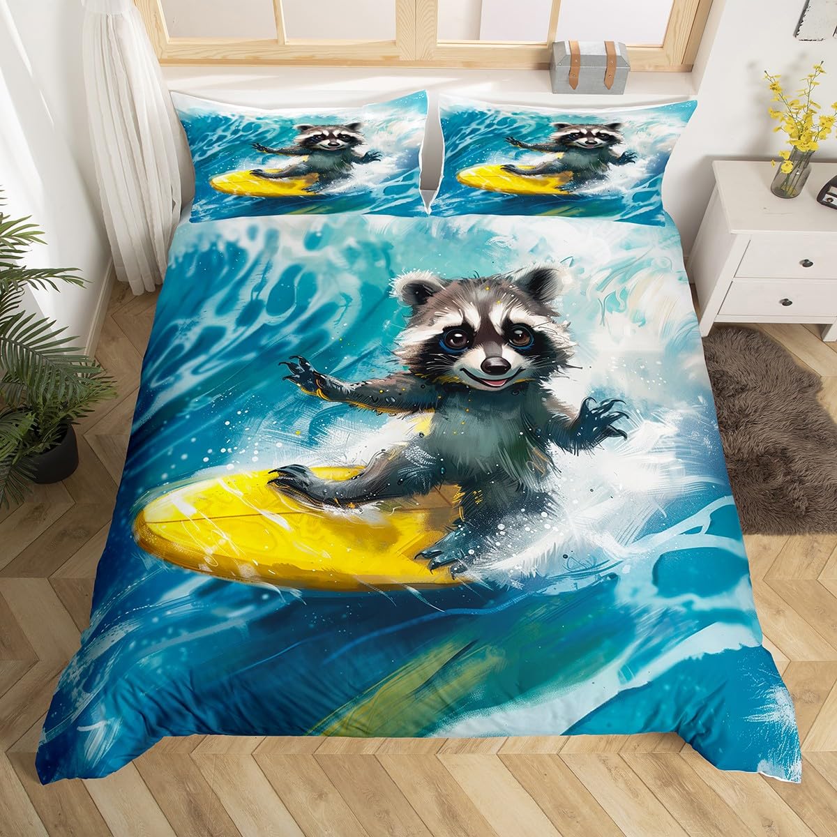

Cartoon Raccoon Bedding Set Cute Raccoon Duvet Cover For Kids Boys Girls Raccoon Lover Gift Wildlife Comforter Cover Twin Queen EU Single(135x200cm)