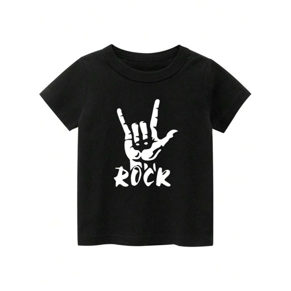 "ROCK" Letter Print Pattern Round Neck Short-sleeved T-shirt Boys Hip-hop Versatile Style Suitable for Daily Wear in Summer