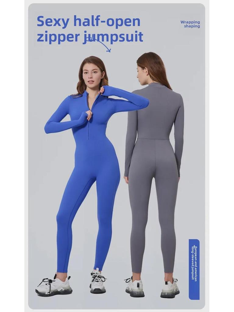 Dámský nahý overal na jógu s dlouhým rukávem a zipem pro běh a fitness