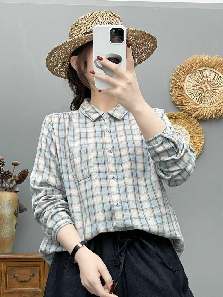 2026 Spring Women's Casual Plaid Long Sleeve Lapel Shirt - Versatile, Age-Reducing, and Relaxed Style