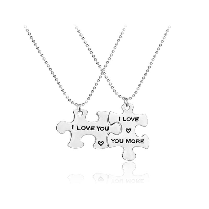 Satın alın ''I LOVE YOU I LOVE MORE"Silver Pendant Puzzle Tag Necklace Lover's Men Women