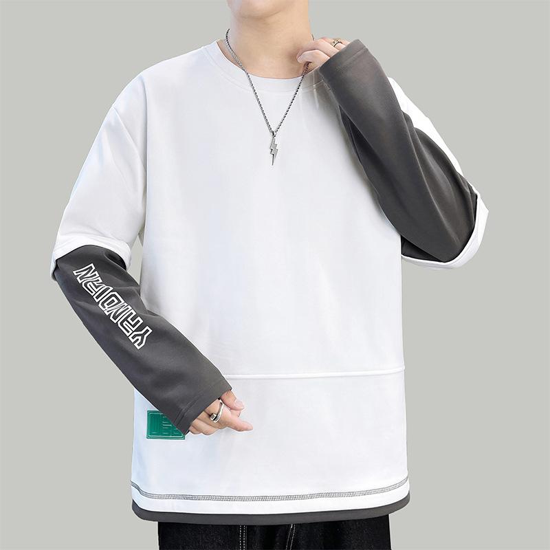 Men's Round Neck Sweatshirt Spring and Autumn New Japanese Trendy Loose Casual Tops Versatile Solid Color Plus Size Teenagers
