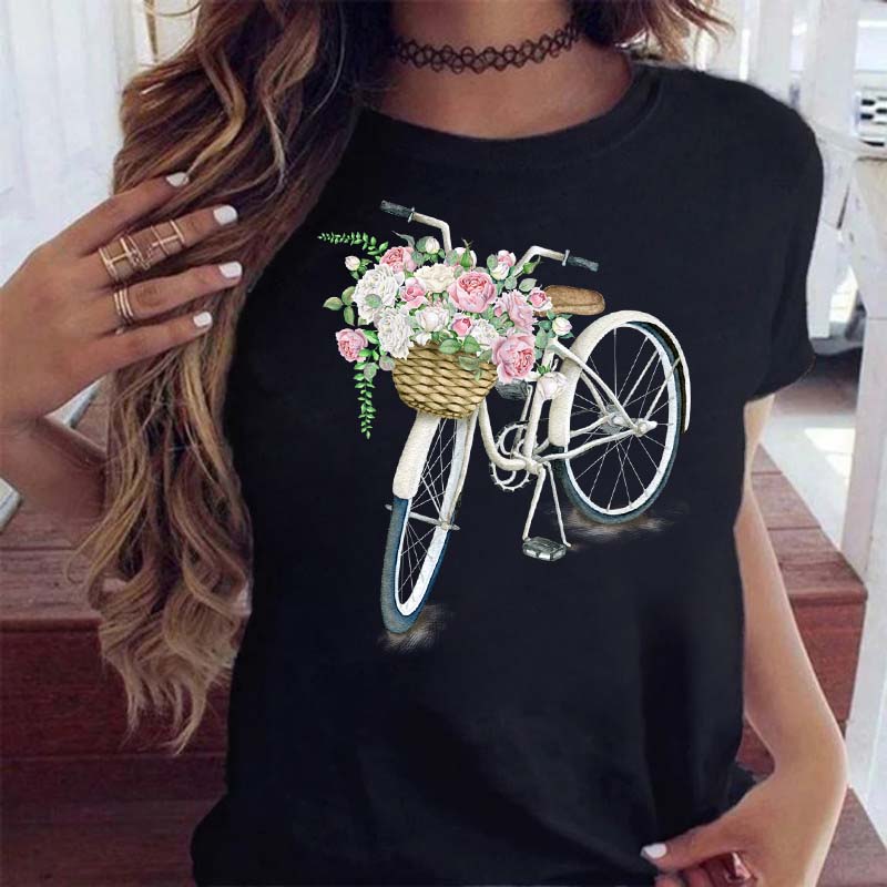 Woman Funny Bicycle Floral Print T Shirt Harajuku Women Tshirts Casual O-Neck Short Sleeves Tops Tees Shirt,Drop Shipping