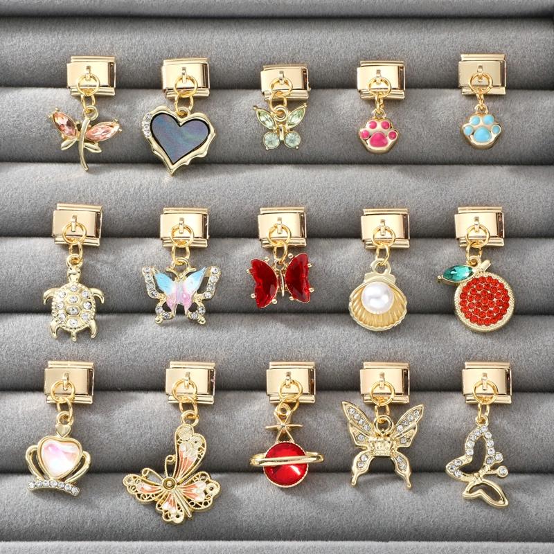 Butterfly Cat Paw Heart Shell Crown Gold Color Pendant Italian Charm Link Fit 9mm Bracelet Stainless Steel Women DIY Making Gift