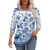 Women's Casual Loose Fit Top Round Neck Three Quarter Sleeve Blouse Button Detail Lightweight Fabric Relaxed Fit