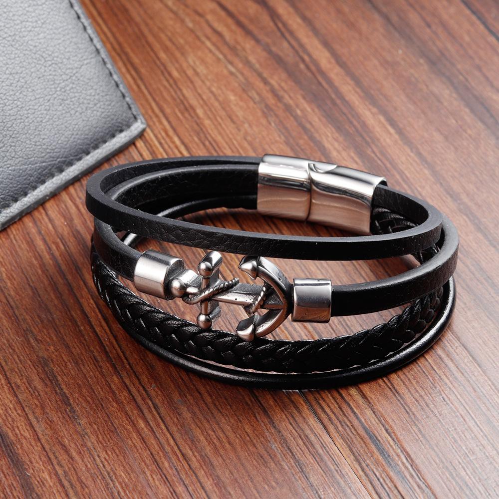 Schwarzes Lederseil Rindsleder Herren Doppellagiges Leder Geflochtenes Armband Handgefertigt Mehrschichtiges Leder Ankerarmband