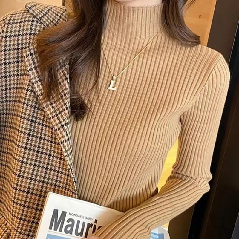 Элегантные однотонные базовые вязаные топы, женский свитер с воротником и длинным рукавом, повседневный тонкий пуловер, корейская модная простая шикарная одежда One Size
