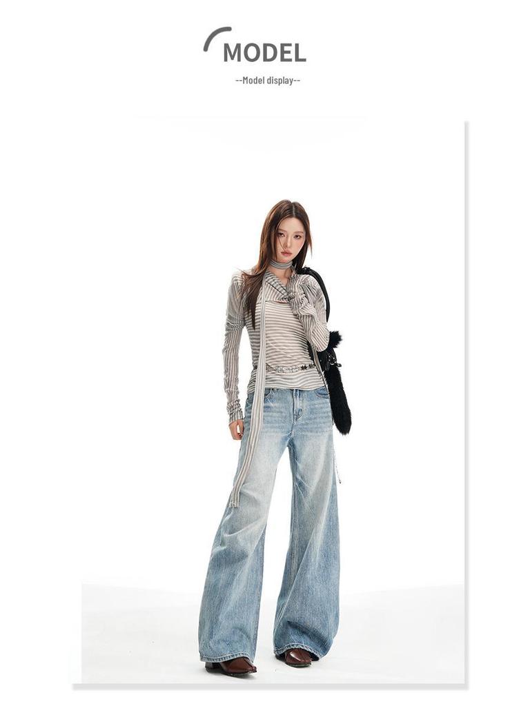 Women's Retro Washed Low Waist Wide Leg Jeans - Autumn Winter Collection