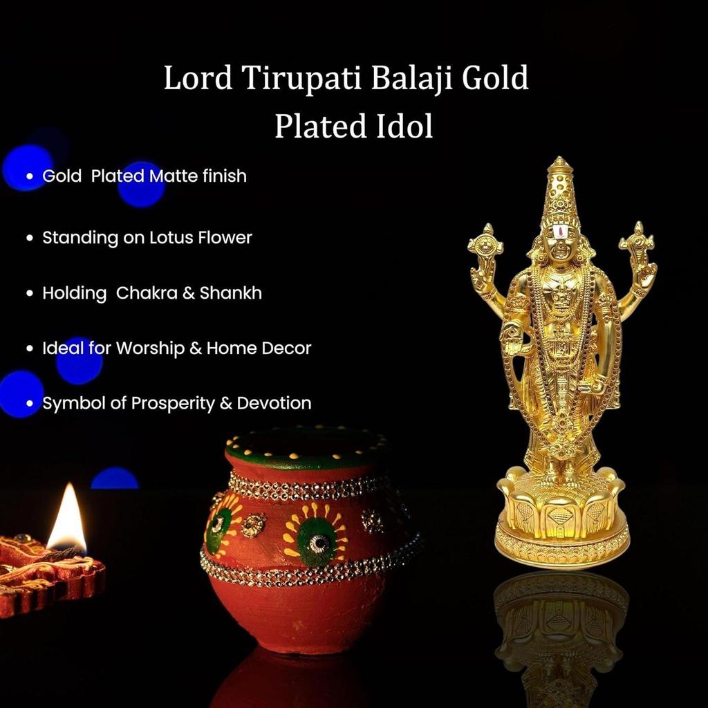 Tirupati Balaji Guldpläterad Matt Statyett för Bilens Instrumentbräda | Vishnu Ji Statyett för Kontorsskrivbord | Venkateswara Swamy Statyett för Heminredning
