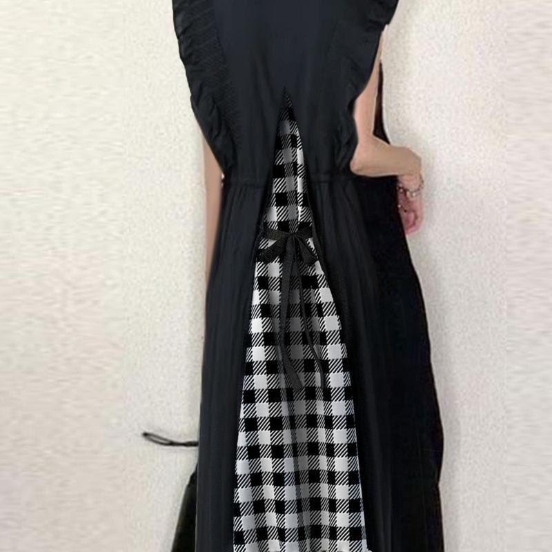 2024 Summer Women's V-Neck Dress with Back Tie, Gingham Patchwork, and Ruffle Cuffs