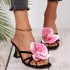 Fashion Fashion Design Flowers Pinch Narrow Band Square Toe Thin High Heels Flip Flops Women Slippers Sandals Outdoors Party Shoes
