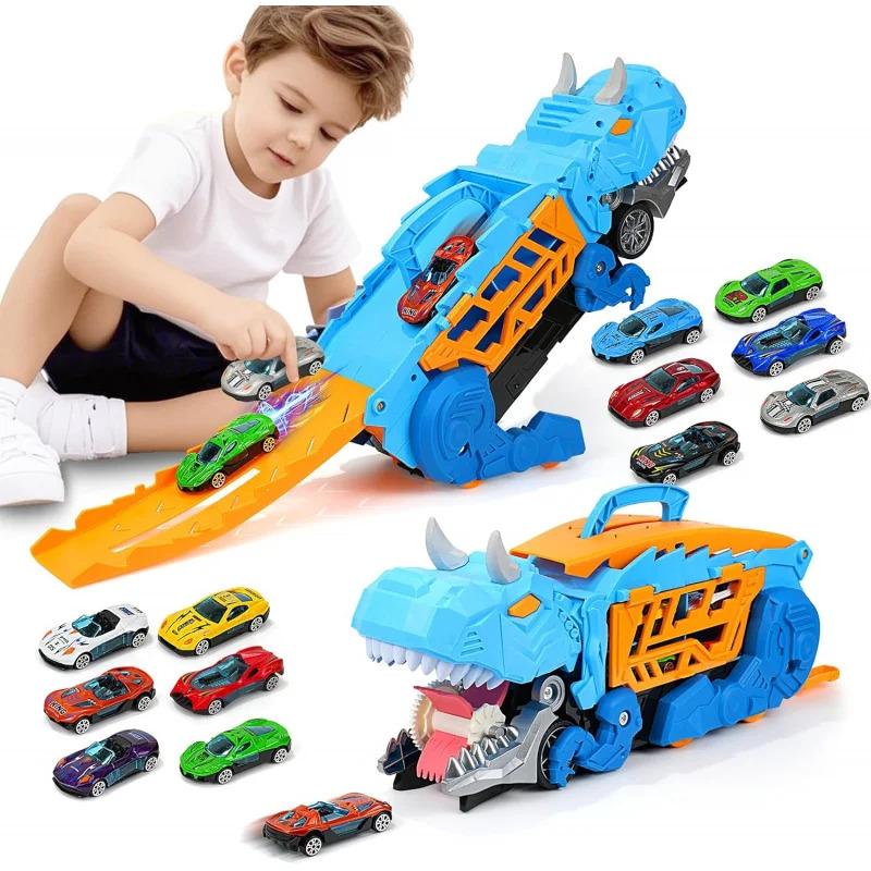 Non-Toxic Dinosaur Toys For Kids Children Ages 3-5 Car Track Set Dinosaur Transport Truck With Diecast Cars That Transform Into Dinosaurs