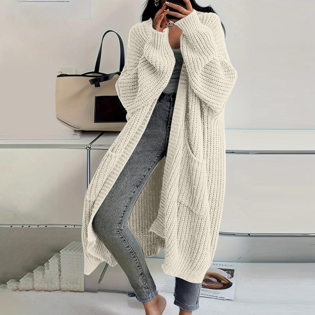 Women's Solid Color Long Sleeved Knee Length Knitted Cardigan, Lazy Trend, Medium Long Hair Jacket