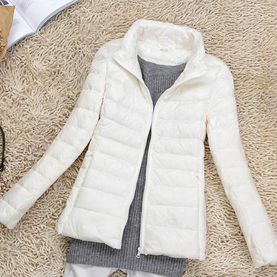 Women's Lightweight Slim Fit Down Jacket - Solid Color, Stand-Up Collar, Plus Size, Short Length