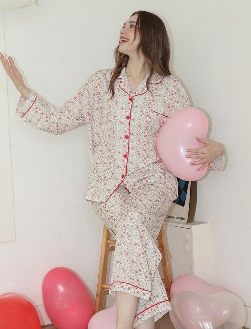 [Judyn] Vintage Floral Peach-Brushed Long Sleeve Pajama Top and Bottom Set [Shipped from Korea] 100% Authentic