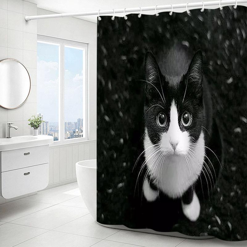 Black White Cat Shower Curtain Snowy Forest Portrait Print Bathroom Decor Waterproof Curtains Pet Lover Home Style