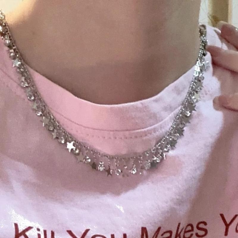 Fashionable Alloy Necklace Pentastar Charm Clavicle Chains Versatile Star Bead Choker Accessory Jewelry for Women