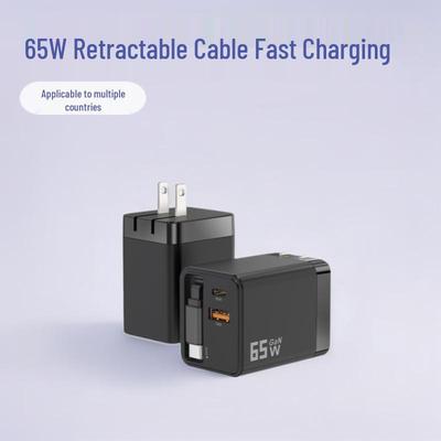 65W Dual Port PD Charger with Retractable Type-C Cable for Fast Charging (A+C)