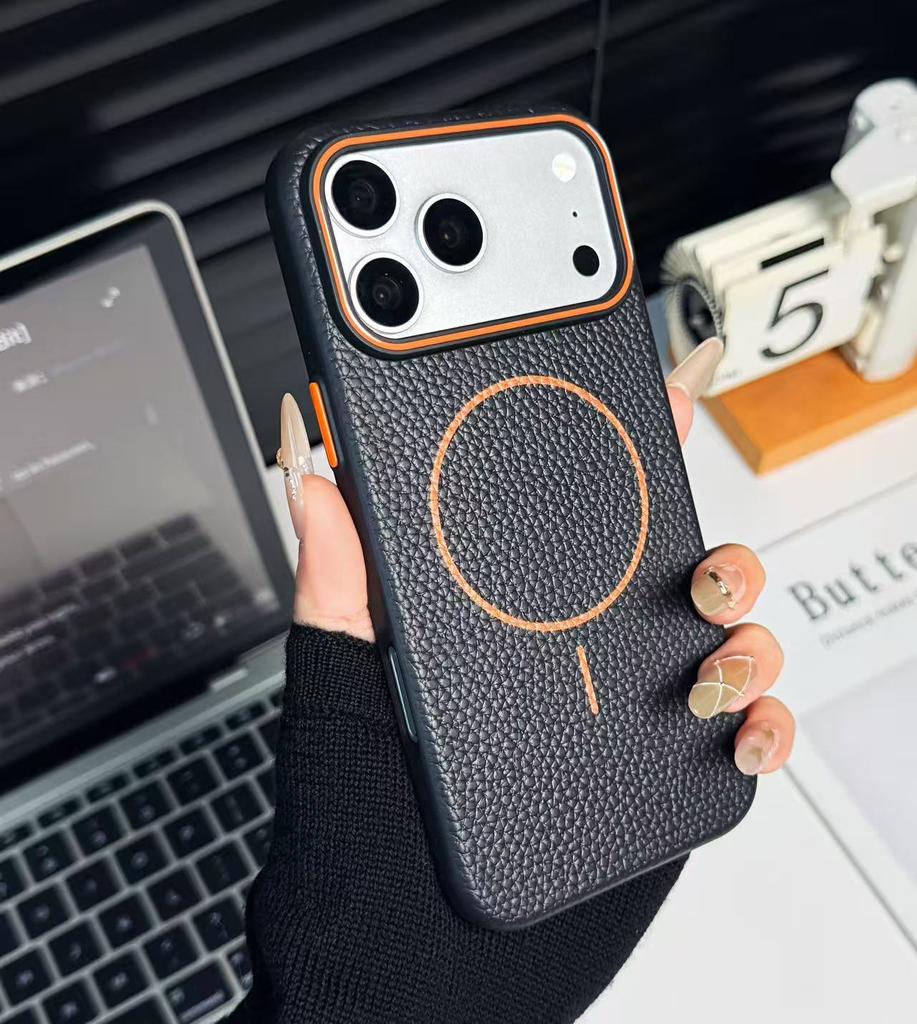 Contrasting color lychee pattern fine circle magnetic attraction, suitable for iPhone17promax mobile phone case, Apple 16 plain leather, simple