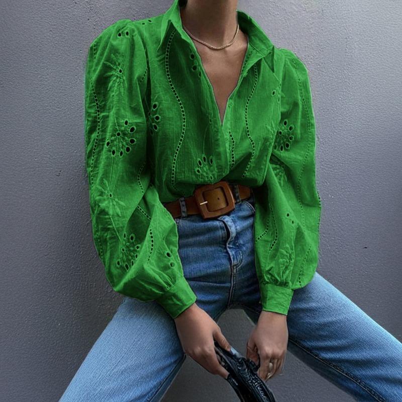 Elegant Loose Fashion Lace Women Shirt Casual Hollow Out Puff Long Sleeve Top Single-breasted Office Blouse Solid Sweet Simple Lapel Women's Clothing